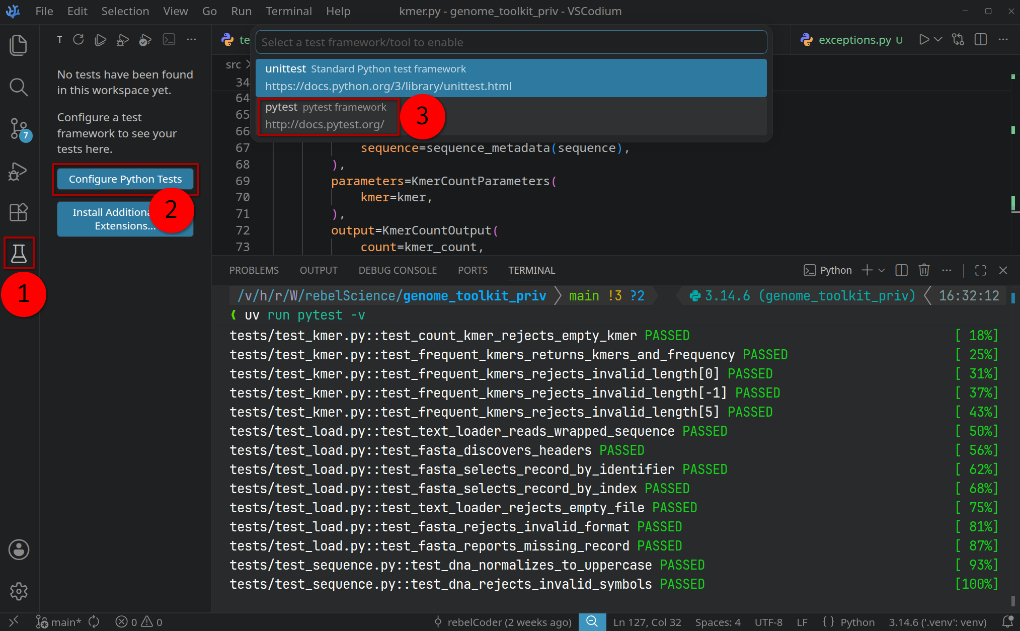 VS Code Testing panel showing Configure Python Tests with pytest selected