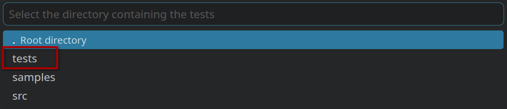 Selecting the tests directory in VS Code