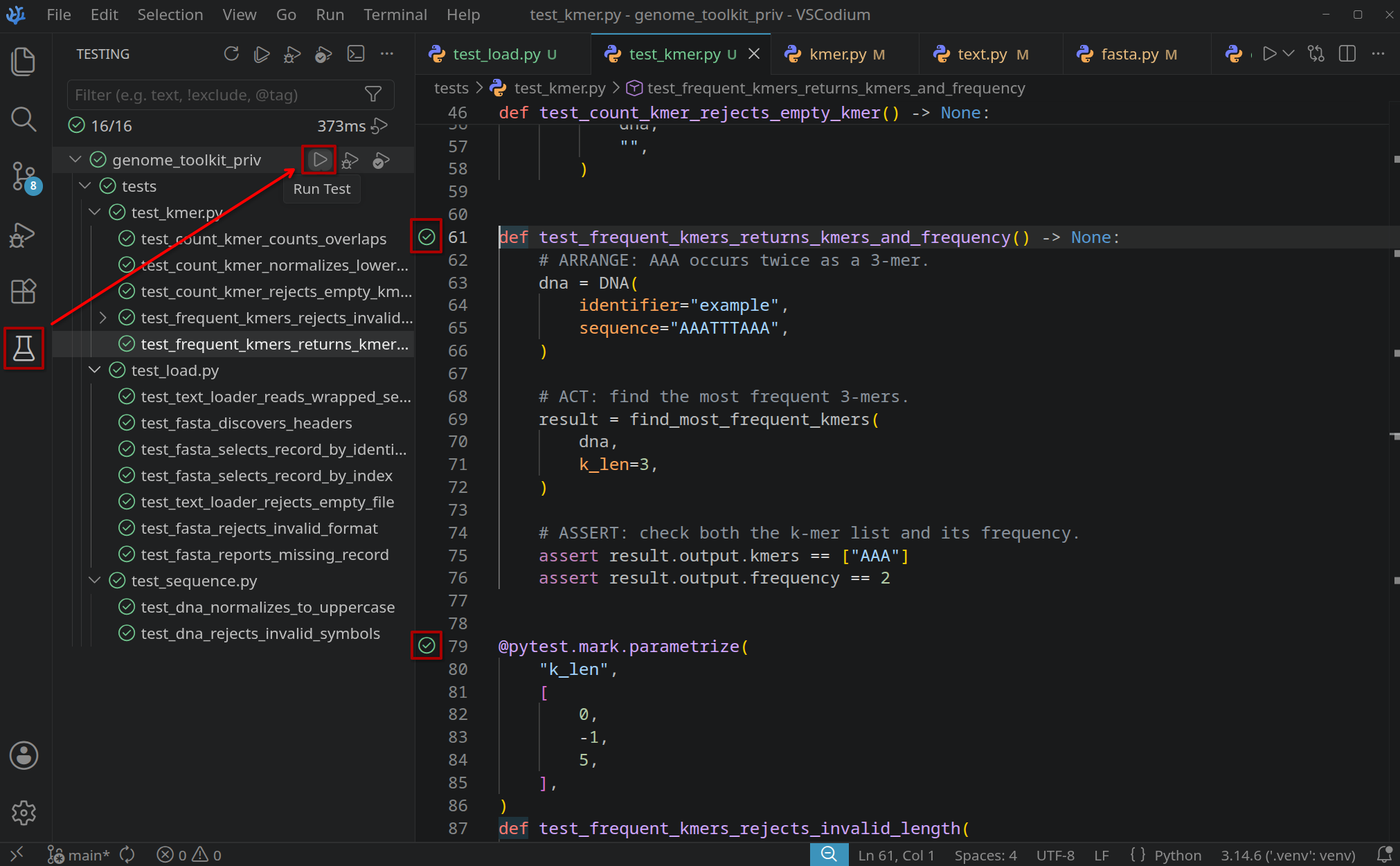 Run Test control beside an individual test function